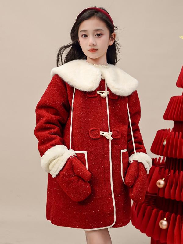 ダッフルコート 女の子 キッズ 赤色 ふわふわビッグカラー かわいい 厚手 秋冬 お正月 ミドル丈 裏ボア 柔らかい 韓国ファッション ポリエステル素材