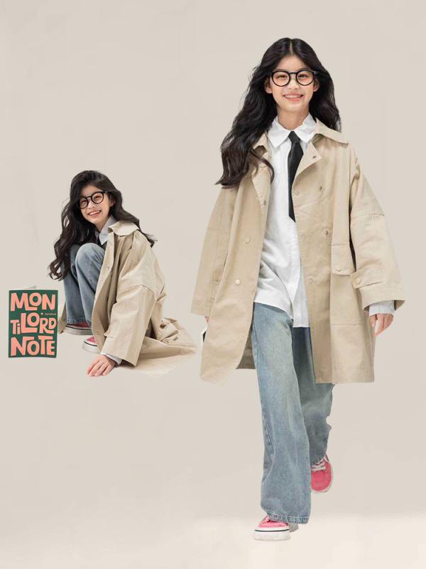 トレンチコート 女児 ジュニア 女の子 上品 ブリティッシュスタイル おしゃれ ショート丈 ダブルボタン 襟付き 長袖 コットン100% ポリエステル裏地 ソフ...