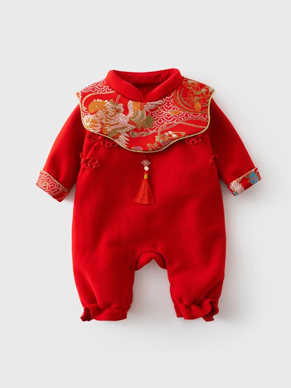 ベビー服 女の子 新生児 乳幼児 カバーオール 唐装 チャイナ服 中国風 秋冬 厚手 裏起毛 防寒 保温 1歳 誕生日 記念日 お祝い 赤 ポリエステル 股下スナップ