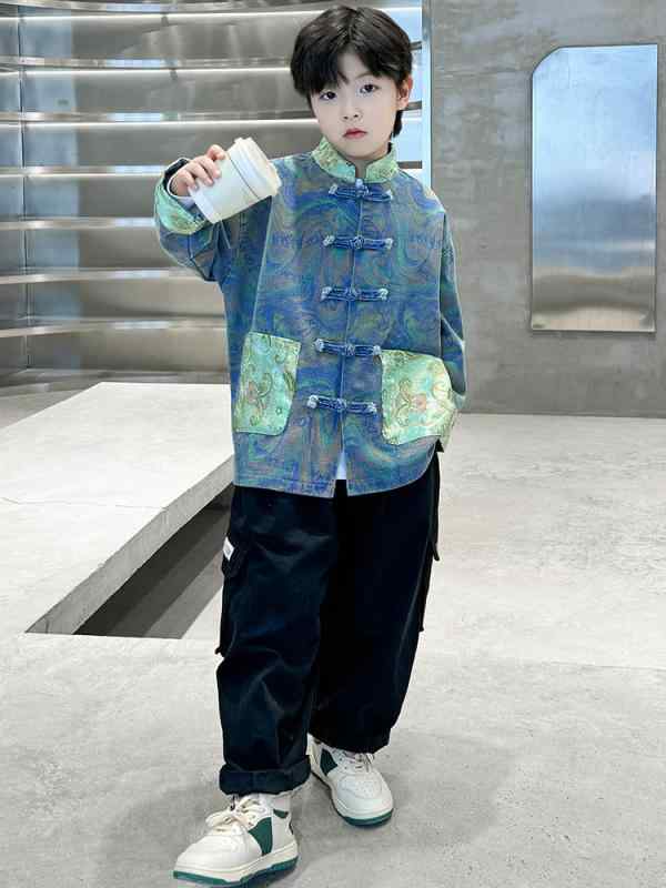 デニムジャケット キッズ 男の子用 韓国風 レトロ 中国風 改良版 唐装 花柄 綿混素材 裏地付き アウター トレンド ストリート系 普段使い カジュアルスタイル 春秋