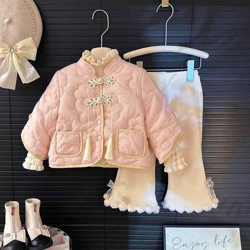 コート キッズ 女の子 中国風 漢服風 チャイナボタン 裏起毛 中綿入り 厚手 ピンク ラウンドネック シングルボタン 綿混ポリエステル 防寒 暖かい お出かけ...