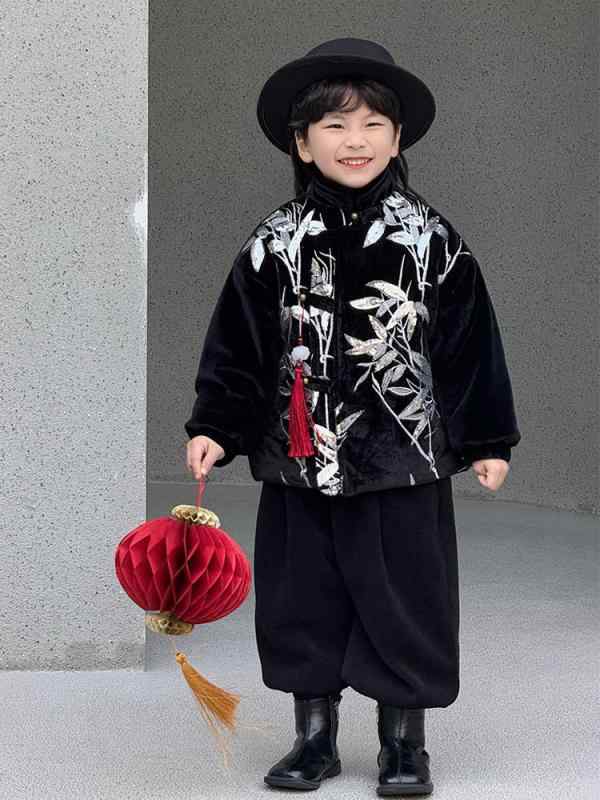唐装 男の子 キッズ 中華風 裏ボア 厚手 スパンコール キラキラ 防寒 保温 アウター ジャケット コート 冬物 秋冬 お祝い イベント 普段使い