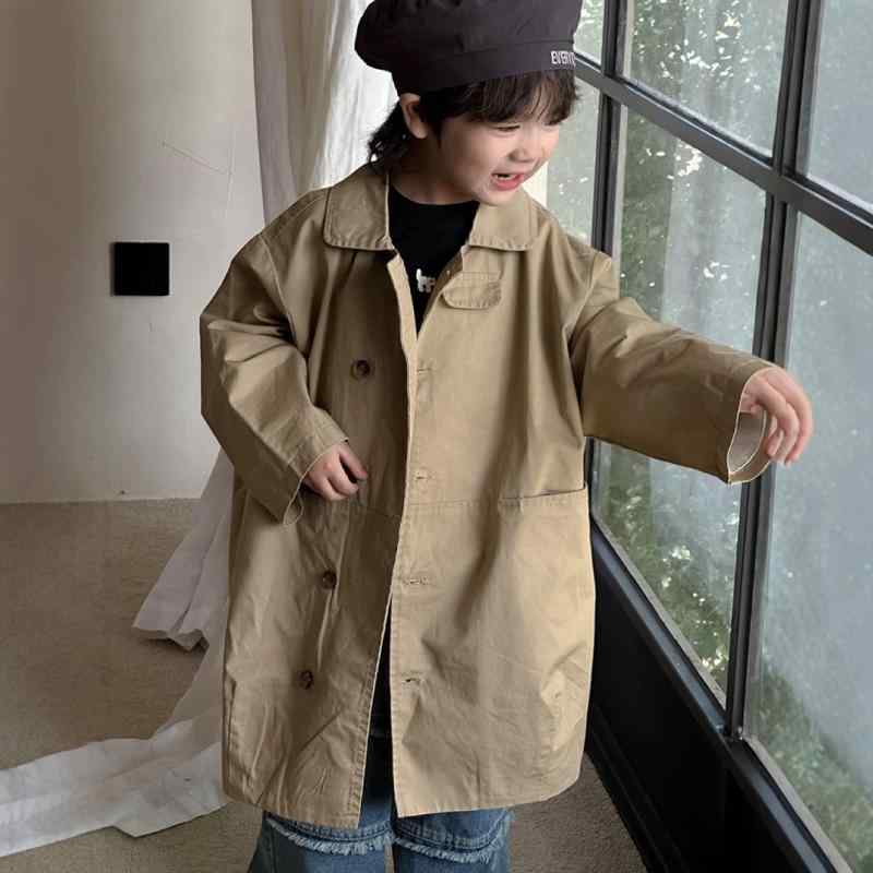 コート キッズ 子供 無地 ダブルボタン ミドル丈 コクーンシルエット 高級感 韓国風 アウター ジャケット ユニセックス 男女兼用 襟付き ソフトコットン 裏...