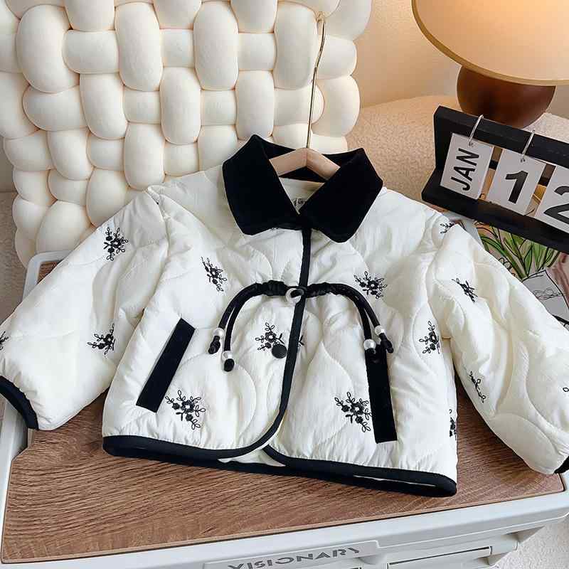 コート キッズ 女の子 韓国ファッション 花柄 中綿ジャケット 秋冬 子供服 ガールズ 厚手 あったか アウター 防寒 ポリエステル 長袖 オフホワイト カジュ...