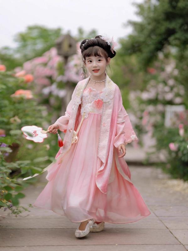 漢服 女の子 キッズ ジュニア 宋制 古装 褙子 高級感 中国風 伝統衣装 イベント コスプレ 発表会 ポリエステル 無地 ピンク 柔らかな肌触り 通年 かわいい
