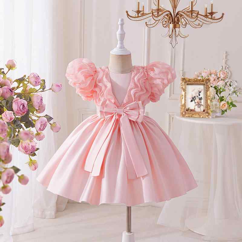 ドレス 女の子 フォーマル プリンセスドレス サテン生地 高級感 発表会 ピアノ演奏会 コンクール 舞台衣装 結婚式 パーティー ノースリーブ フリルスカート かわいい ポリエステル混紡 ピンク