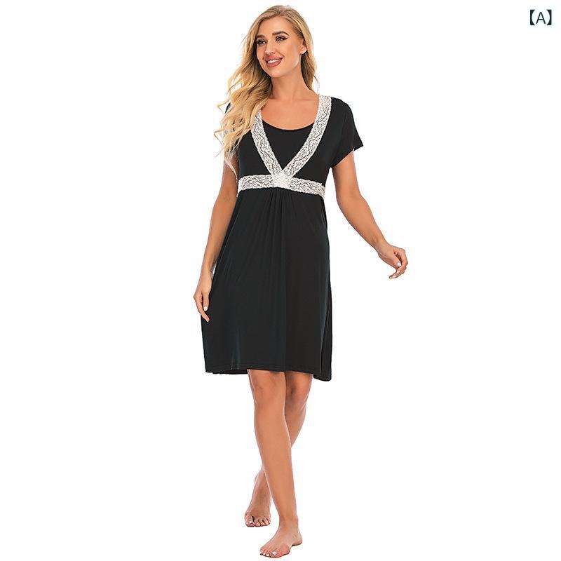 ワンピース レディース 春夏 半袖 レース ルームウェア ネグリジェ パジャマ 部屋着 ナイトドレス カジュアル 快適 薄手 通気性 伸縮性 ゆったり 綿 コットン Uネック リラックスウェア 普段使い 吸湿速乾