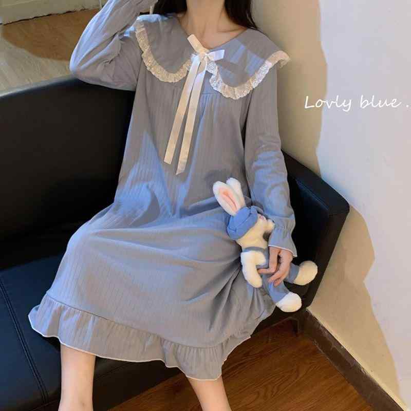 ルームワンピース レディース 秋冬 長袖 リブ 再生繊維 ポリエステル ミドル丈 宮廷風 プリンセス風 かわいい ゆったり 大きいサイズ ルームウェア パジャマ ネグリジェ 快適 外出OK おうち時間 ブルー ピンク ホワイト