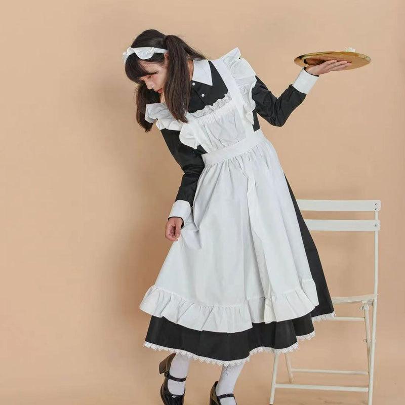 コスプレ衣装 メイド服 男女兼用 英国風 クラシック ロングドレス かわいい フリル エプロン付き 制服 長袖 ポリエステル パーティー イベント ハロウィン 仮装