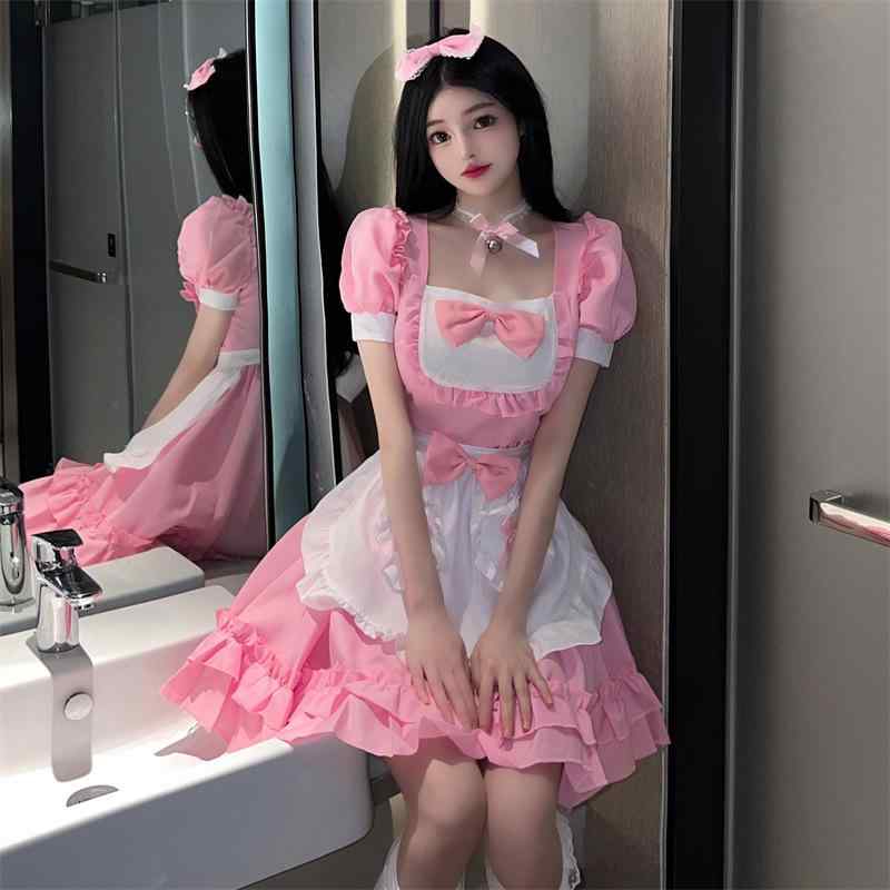 メイド服 レディース 女性用 ワインレッド セクシー ピュアな魅力 あどけない かわいい ロリータ系 アニメ風 制服 ユニフォーム コスプレ 衣装 仮装 舞台 イベント パーティー ポリエステル