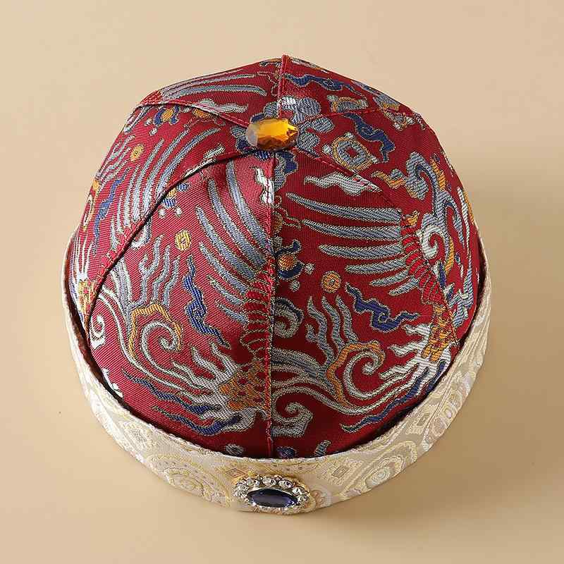 帽子 子供 ベビー 男の子 女の子 兼用 唐装 中華風 選び取り 1歳誕生日 祝い 阿哥帽 地主帽 織錦サテン ポリエステル 切り替え 獅子 麒麟 龍 縁起物 春秋
