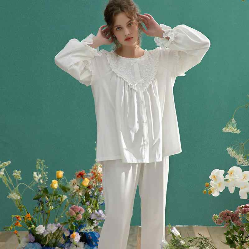 ルームウェア レディース 前開き 長袖 パンツ 薄手 スウィート セットアップ プリンセス風 かわいい 綿 コットン 部屋着 ワンマイルウェア 春秋 白 青 ピンク