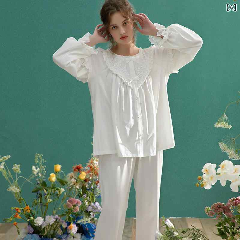 ルームウェア レディース 前開き 長袖 パンツ 薄手 スウィート セットアップ プリンセス風 かわいい 綿 コットン 部屋着 ワンマイルウェア 春秋 白 青 ピンク