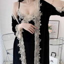 ルームウェアセット レディース ベロア キャミソール ネグリジェ ガウン 七分袖 レース セクシー Vネック 高級感 保温 厚手 快適 伸縮性 ゆったり 部屋着...