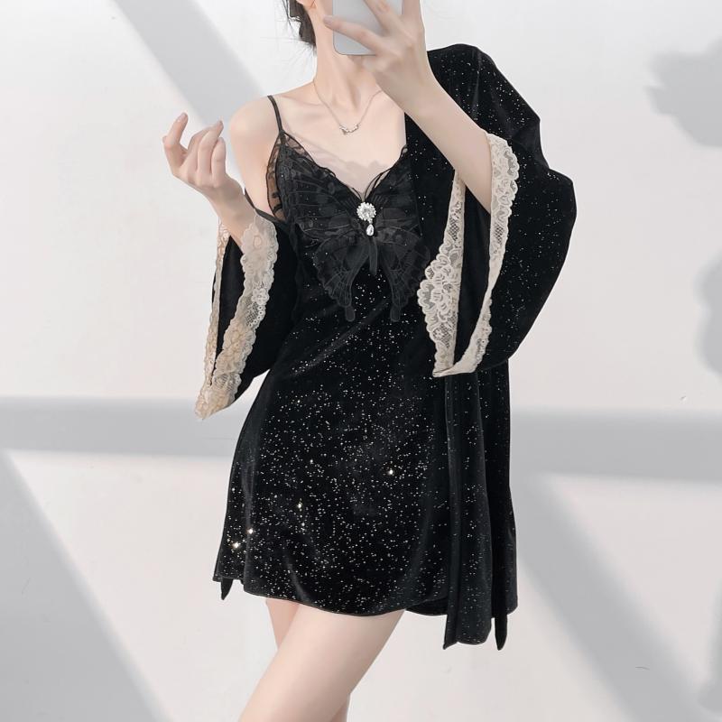 ルームウェア レディース 長袖 ベロア カップ付き Vネック ナイトドレス ガウン パジャマ セットアップ..