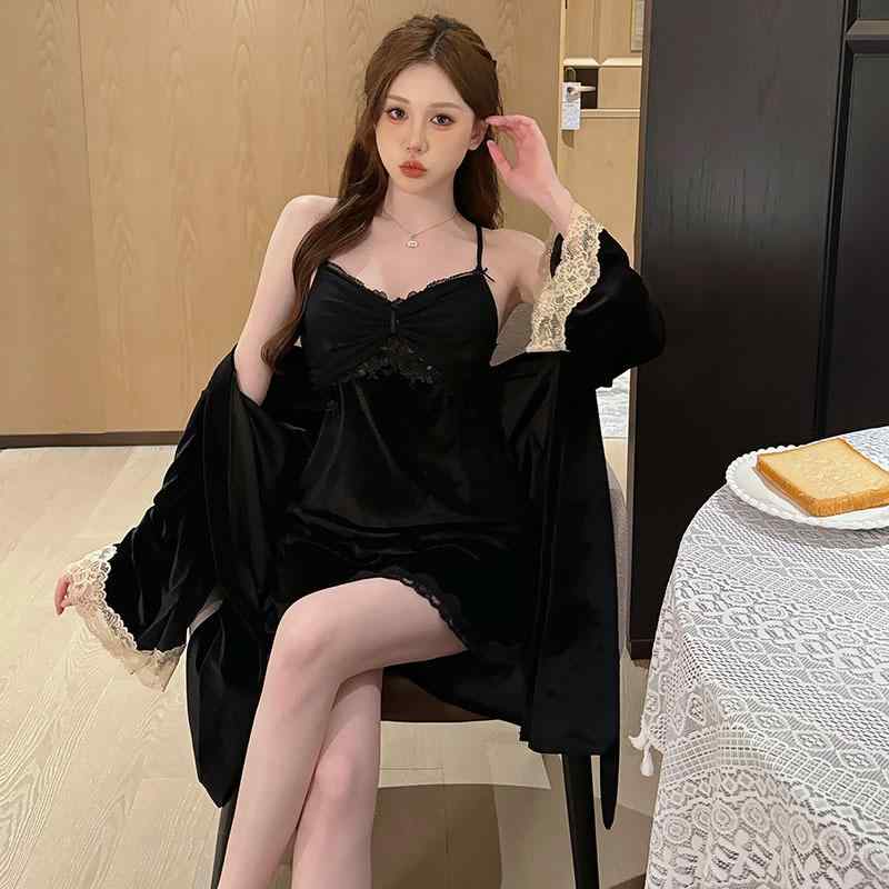 パジャマ レディース 女性用 ベロア ルームウェア セットアップ 2点セット 長袖 ローブ ガウン キャミソール ネグリジェ Vネック セクシー 大人かわいい ...