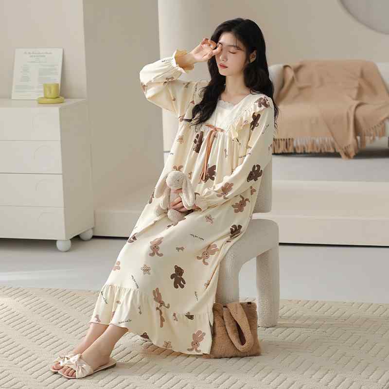 パジャマ レディース 抗菌 ストレッチコットン 長袖 Vネック かわいい キャラクター柄 ロング丈 ワンピ..