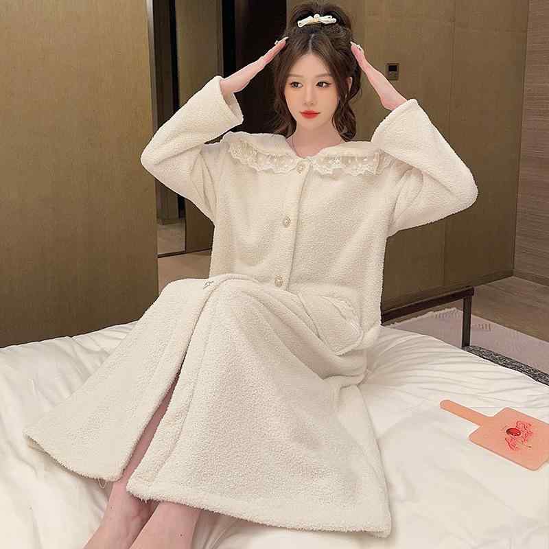 ルームウェア レディース 冬 マイクロファイバー 厚手 保温 あったか 前開き ロング丈 レース プリンセ..
