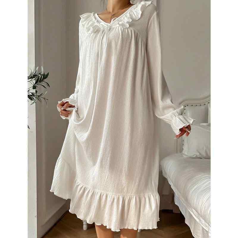 ワンピース レディース 欧米風 Vネック ゆったり パジャマ 春夏 高級感 かわいい フリル ルームウェア ..