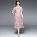 ワンピース 春夏 切り替え メッシュ シアー ロング丈 ウエストマーク 細見え ティアード Aライン スタンドカラー パフスリーブ 半袖 ハイウエスト 通勤 オフィス きれいめ 上品 エレガント フェミニン ピンク