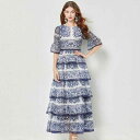 ワンピース レディース ロング丈 ハイウエスト ティアード シフォン 再生繊維 ラウンドネック 長袖 ベルスリーブ 青花磁器柄 花柄 プリント レトロ ヴィンテージ ブルー パーティードレス フォーマル 春夏