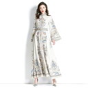 ワンピース レディース 春夏 レトロプリント シアー素材 ラウンドネック フレアスリーブ アシンメトリー プリーツ ティアード ロング丈 長袖 フェミニン エレガント