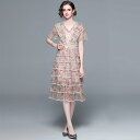 ワンピース レディース Vネック 半袖 フリル袖 ウエストマーク 花柄プリント チュール ティアード ボリュームフレア ビーズ装飾 ポリエステル 高級感 ライトラグジュアリー ロング丈 春夏