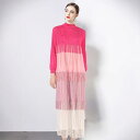 ワンピース レディース 高級感 エレガント 春夏 ロング丈 バルーン袖 フリンジ プリーツ ティアード 配色切り替え バイカラー 大きいサイズ ゆったり 体型カバー ポリエステル ラウンドネック ハイウエスト 通勤 オフィス 上品 きれいめ