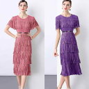 ワンピース レディース エレガント 欧米風 ラインストーン プリーツ ラウンドネック ウエストシェイプ 細見え フリンジ ロング丈 春夏 パーティードレス ポリエステル 伸縮性 ハイウエスト ティアード