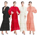 ワンピース レディース ラウンドネック 長袖 フリル ティアード ウエストマーク 細見え ロング丈 マキシ丈 上品 エレガント 高級感 光沢感 パーティー お呼ばれ オケージョン フォーマル 春夏 ポリエステル ランタンスリーブ ドレス