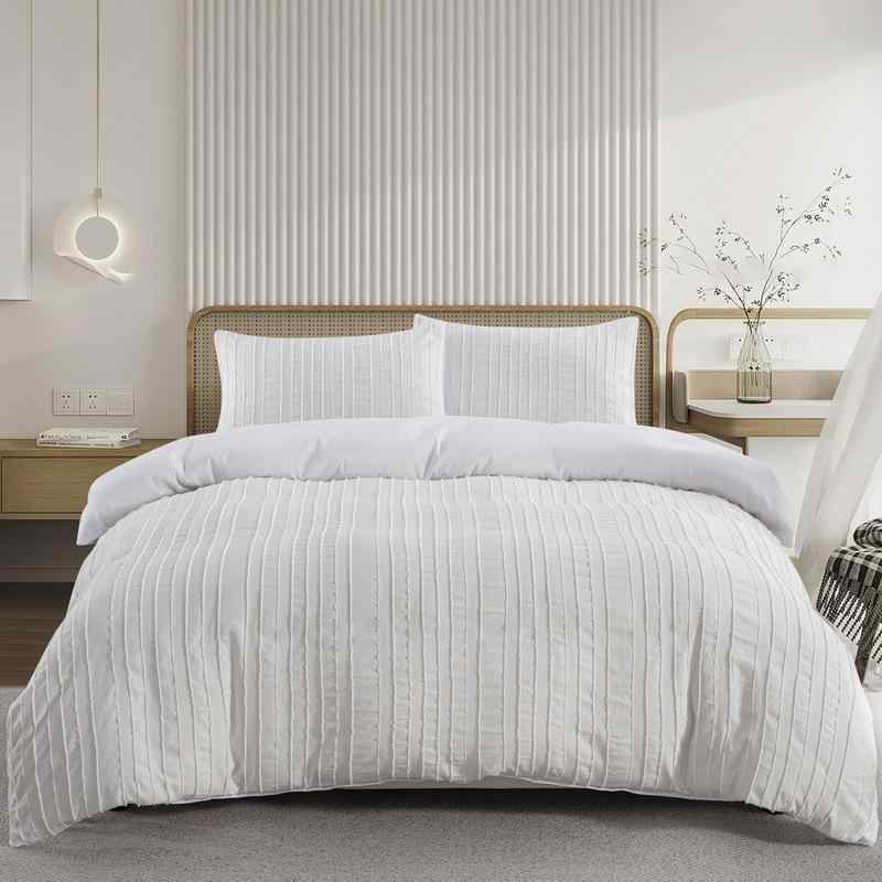 布団カバーセット 3点セット マイクロファイバー フランネル 起毛 カットワーク 縦ストライプ ホワイト..