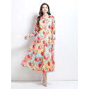 ワンピース レディース 春夏 配色切り替え 民族風 レトロ スタンドカラー ランタンスリーブ プリント 花柄 ロング丈 ドレス ポリエステル シフォン 通勤 オフィス カジュアル フリル ティアード