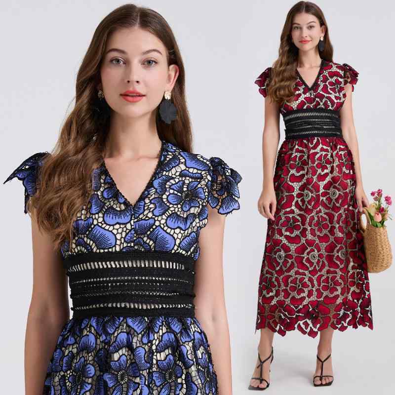 ワンピース レディース 女性用 深Vネック フリル袖 ハイウエスト 刺繍 花柄 無地 Aライン ウエストマーク ロング丈 フレア エレガント 上品 セクシー 欧米風 通勤 オフィス カジュアル 夏 ポリエステル(3)