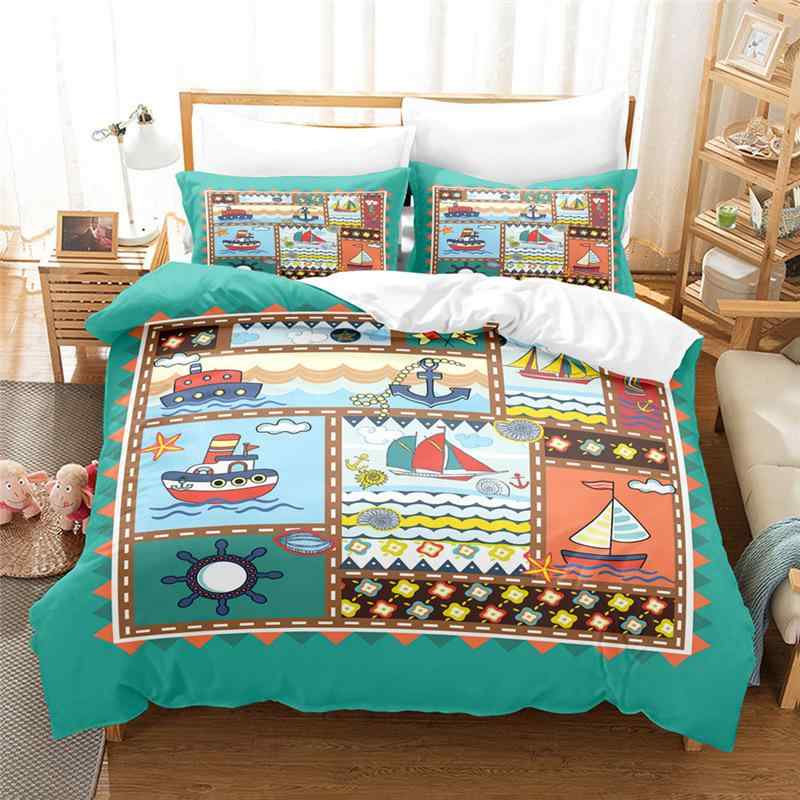 寝具 カートゥーン アンカー柄 布団カバー フラットシーツ 枕カバー 3点セット ポリエステル デジタル..
