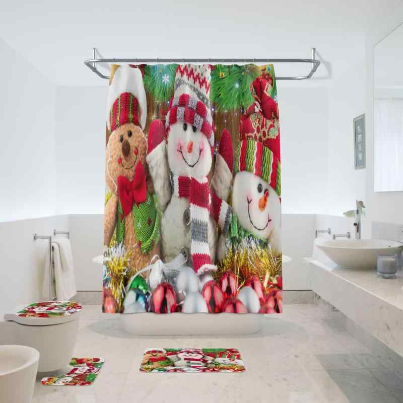 シャワーカーテン 4点セット 防水 撥水加工 穴開け不要 突っ張り棒式 浴室 間仕切り バスルーム 目隠し クリスマス柄 デジタルプリント ポリエステル製 家庭用 取り付け簡単