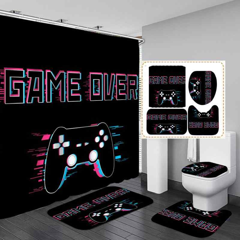 シャワーカーテン ゲームコントローラー 柄 4点セット 防水 バスルーム間仕切り 浴室 ホテル用 ポリエ..