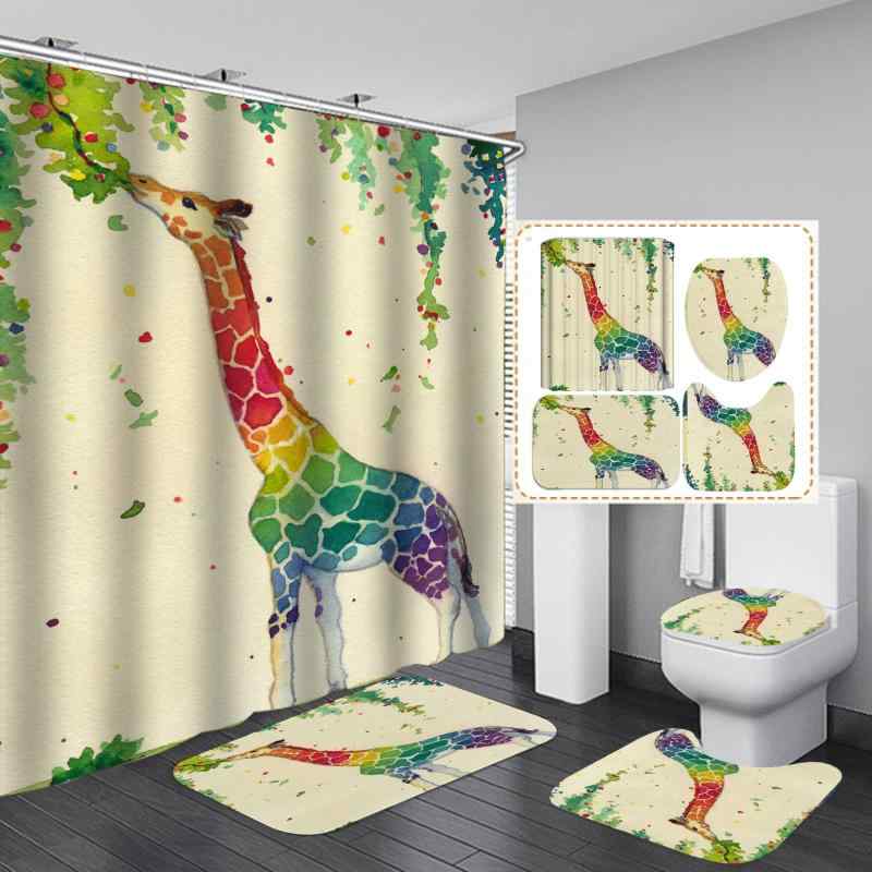 シャワーカーテン キリン柄 防水 穴開け不要 突っ張り棒対応 バスルーム 間仕切り ホテルスタイル ポリエステル製 上質 高級感 4点セット アメリカンデザイン