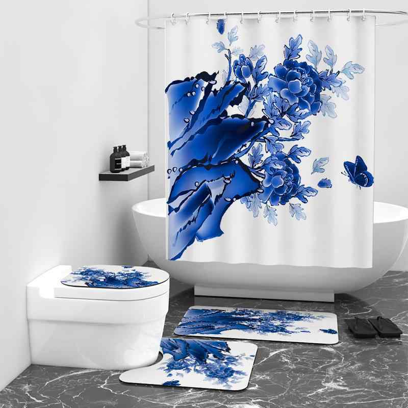 シャワーカーテン 中国風 青花磁器柄 デジタルプリント 防水 防カビ加工 ポンジー素材 浴室 間仕切り 目隠し バスルーム モダン シンプル おしゃれ 洗濯可能