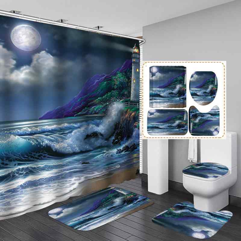 シャワーカーテン 4点セット 浴室 バスルーム 間仕切り ホテル用 防水 撥水加工 穴あけ不要 突っ張り棒式 高精細プリント 海辺 灯台柄 ライトハウス マリン柄 ポリエステル製 モダン シンプル 北欧風