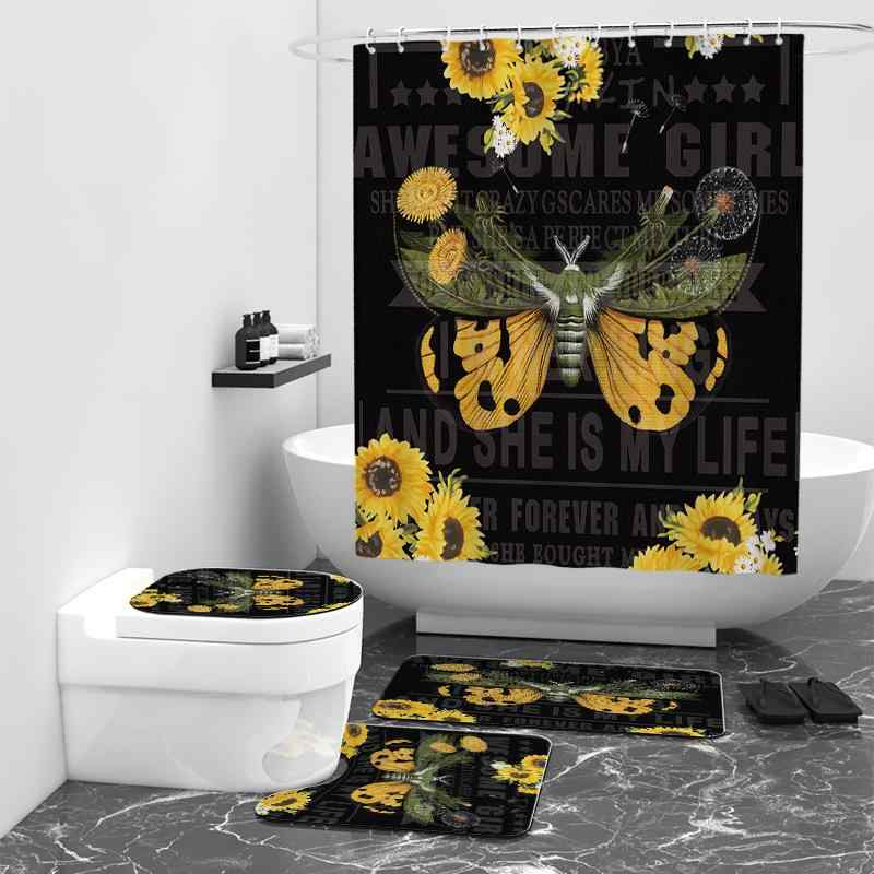 シャワーカーテン 昆虫 向日葵 ひまわり 花柄 デジタルプリント 防水 防カビ ポリエステル 四点セット バスマット トイレマット フタカバー モダン シンプル おしゃれ バスルーム インテリア雑貨 速乾 軽量 お手入れ簡単