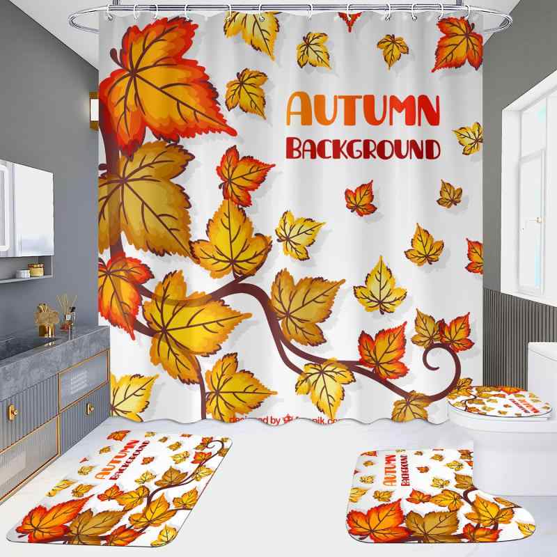 シャワーカーテン 4点セット 防水 穴あけ不要 つっぱり式 ポリエステル製 浴室 バスルーム ホテル 脱衣所 間仕切り 秋の落ち葉柄 リーフ模様 モダン シンプル おしゃれ