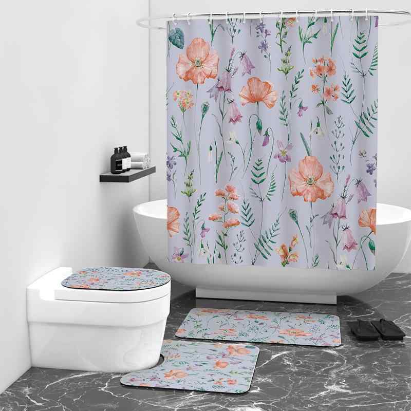 シャワーカーテン 防水 撥水加工 防カビ ポリエステル製 清潔感 花柄 ボタニカル デジタルプリント バスルーム 浴室 おしゃれ モダン 4点セット