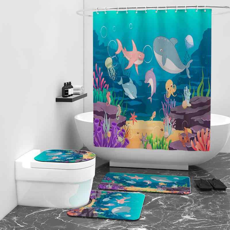 シャワーカーテン 海底世界 マリン柄 プリント 撥水加工 防カビ 浴室 バスルーム 目隠し 間仕切り 4点セット ポリエステル 洗える おしゃれ