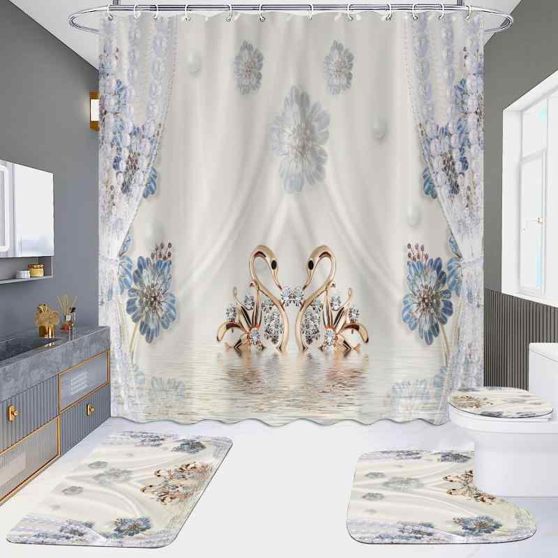 シャワーカーテン 四点セット バスマット U字型マット トイレ蓋カバー 防水 防カビ 間仕切り 仙鶴柄 レンガ模様 新中華風 ポリエステル 浴室 ホテル バスル...