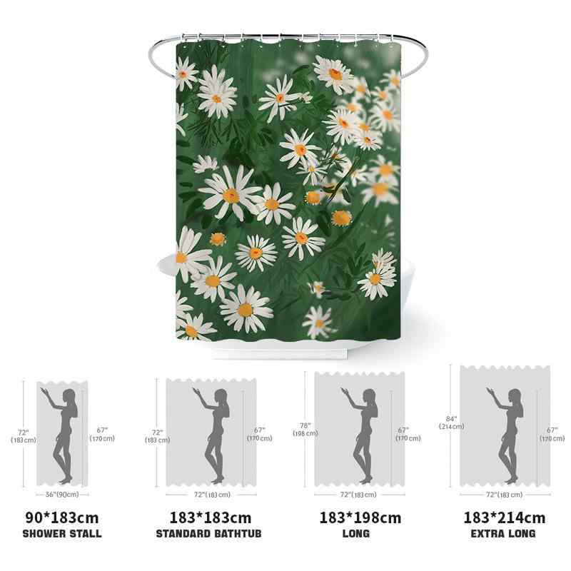シャワーカーテン デイジー柄 フラワーモチーフ デジタルプリント 高精細 撥水加工 ポリエステル素材 バスルーム 浴室 目隠し 間仕切り 4点セット モダンテイスト シンプル おしゃれ