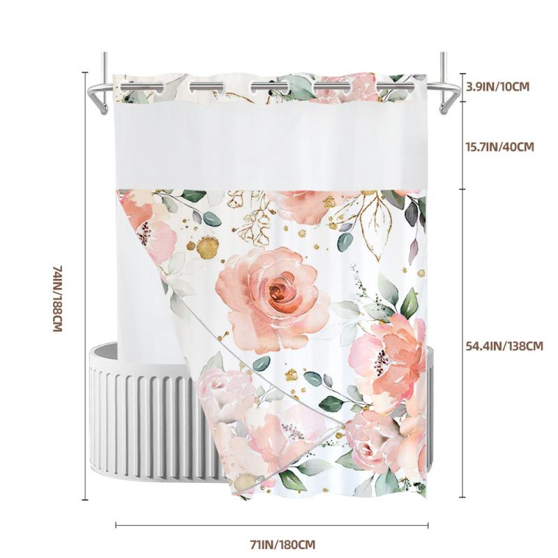 シャワーカーテン ポリエステル 防水 ダブル構造 デジタルプリント サマーボタニカル柄 浴室用 間仕切り 目隠し モダンテイスト