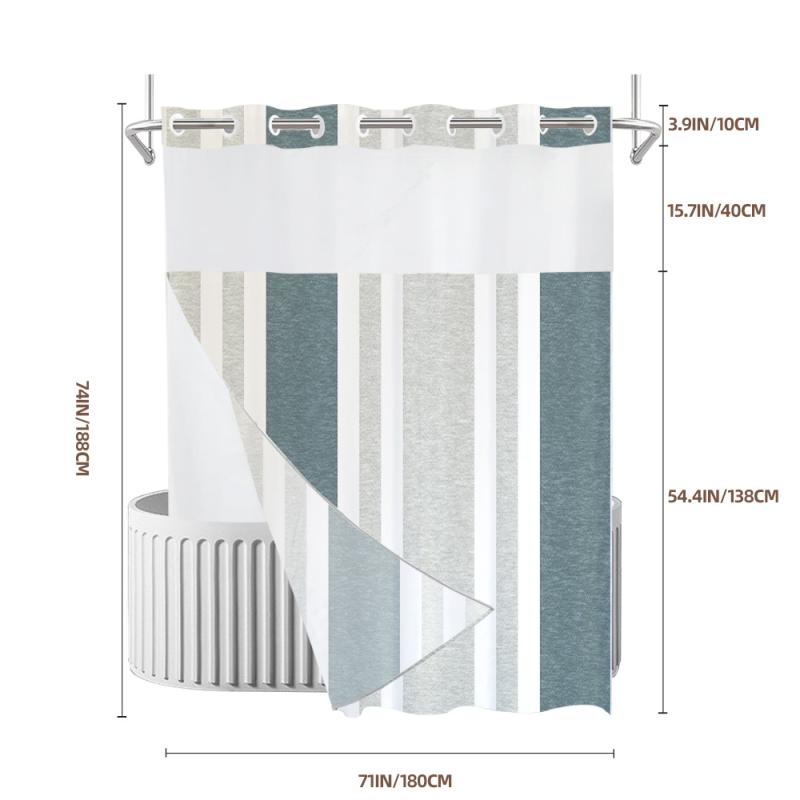 シャワーカーテン ダブルレイヤー 防水 ポリエステル ストライプ柄 デジタルプリント メッシュ切り替え ホテル仕様 バスルーム 間仕切り 目隠し ユニットバス