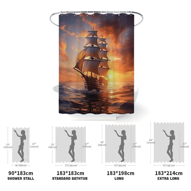 シャワーカーテン デジタルプリント柄 航海 マリン ヨット 帆船 バスルーム 4点セット フロアマット バ..