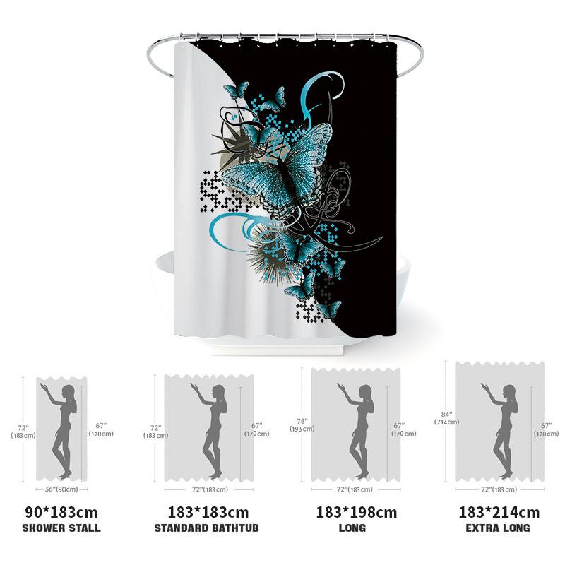 シャワーカーテン 蝶柄 バタフライ柄 デジタルプリント 防水加工 ポンジー素材 モダン シンプル バスルーム バス用品 間仕切り 目隠し 防カビ 速乾 おしゃれ