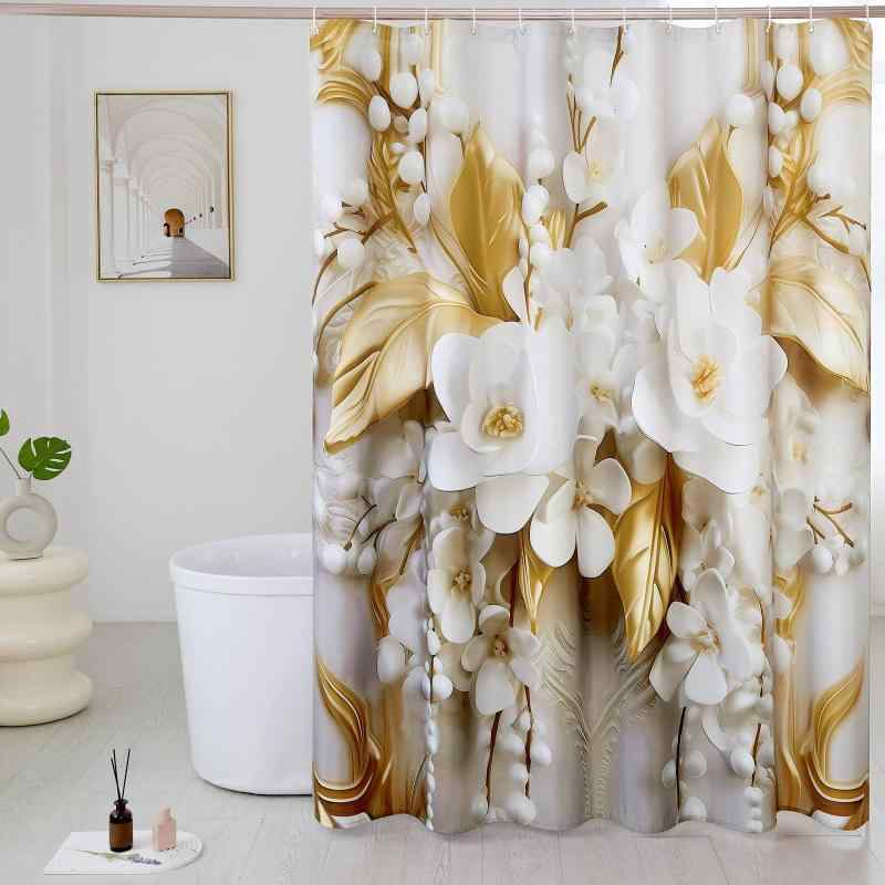 シャワーカーテン バスカーテン ゴールド ホワイト 花柄 高級感 モダン シンプル 布製 ポリエステル製 ..